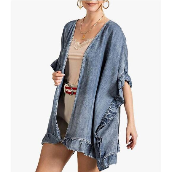 Canvas Washed Denim Ruffle Open Cardigan Size L boho western - Picture 6 of 8